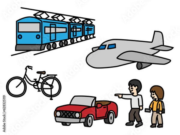 Obraz 旅行に行くカップルと乗り物のイラストセット