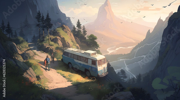 Obraz 自由と冒険のキャンピングカー：美しい山道のシーン No.013 | Freedom and Adventure: Camper Van Scene on Scenic Mountain Road Generative AI