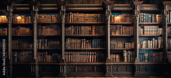 Fototapeta A Old ancient books, historical books. Collection of human knowledge concept. Wide format.  Hand edited generative AI.
