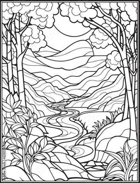 Obraz Forest landscape coloring page. Forest coloring book pages. Landscape vector black and white line art sketch drawing.  Forest coloring pages for adults. Hand drawn floral background illustration.