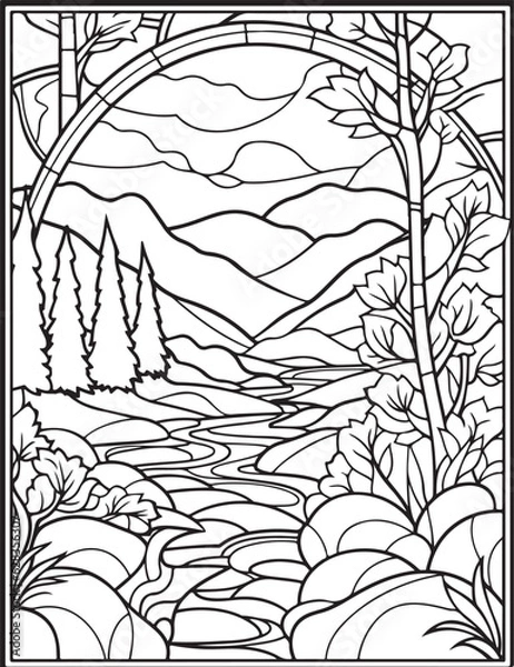Obraz Forest landscape coloring page. Forest coloring book pages. Landscape vector black and white line art sketch drawing.  Forest coloring pages for adults. Hand drawn floral background illustration.