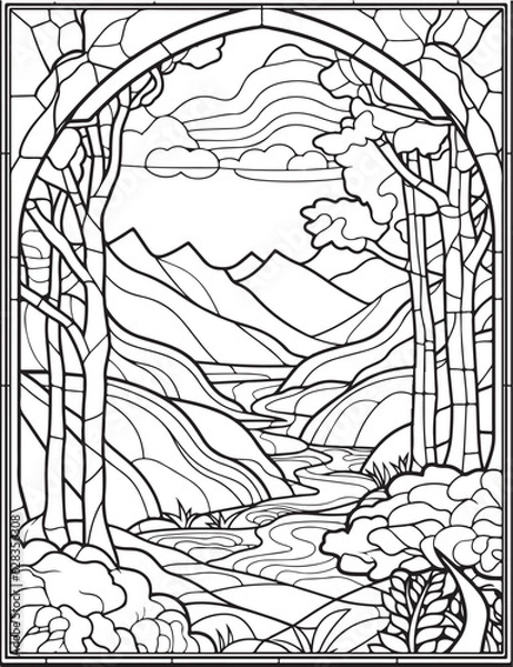 Obraz Forest landscape coloring page. Forest coloring book pages. Landscape vector black and white line art sketch drawing.  Forest coloring pages for adults. Hand drawn floral background illustration.