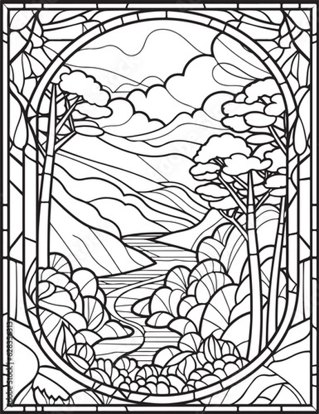 Obraz Forest landscape coloring page. Forest coloring book pages. Landscape vector black and white line art sketch drawing.  Forest coloring pages for adults. Hand drawn floral background illustration.