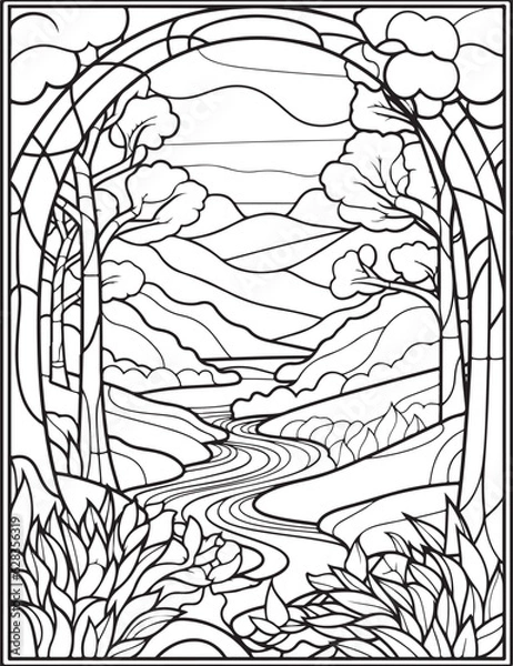 Obraz Forest landscape coloring page. Forest coloring book pages. Landscape vector black and white line art sketch drawing.  Forest coloring pages for adults. Hand drawn floral background illustration.