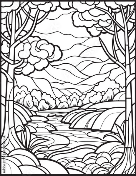 Obraz Forest landscape coloring page. Forest coloring book pages. Landscape vector black and white line art sketch drawing.  Forest coloring pages for adults. Hand drawn floral background illustration.