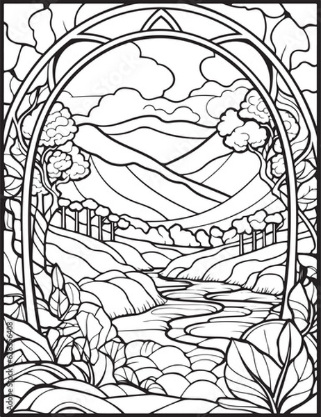 Obraz Forest landscape coloring page. Forest coloring book pages. Landscape vector black and white line art sketch drawing.  Forest coloring pages for adults. Hand drawn floral background illustration.