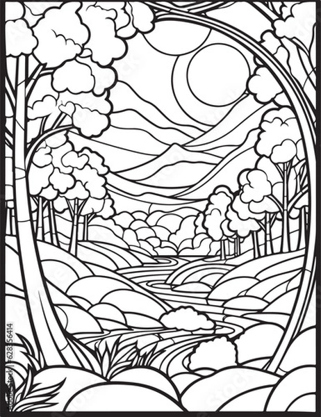 Obraz Forest landscape coloring page. Forest coloring book pages. Landscape vector black and white line art sketch drawing.  Forest coloring pages for adults. Hand drawn floral background illustration.