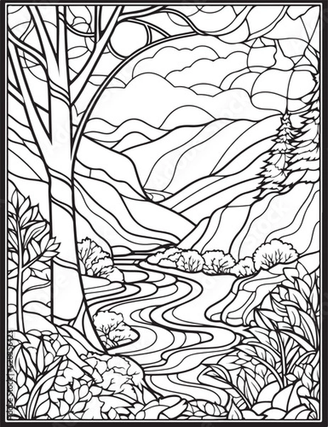 Obraz Forest landscape coloring page. Forest coloring book pages. Landscape vector black and white line art sketch drawing.  Forest coloring pages for adults. Hand drawn floral background illustration.