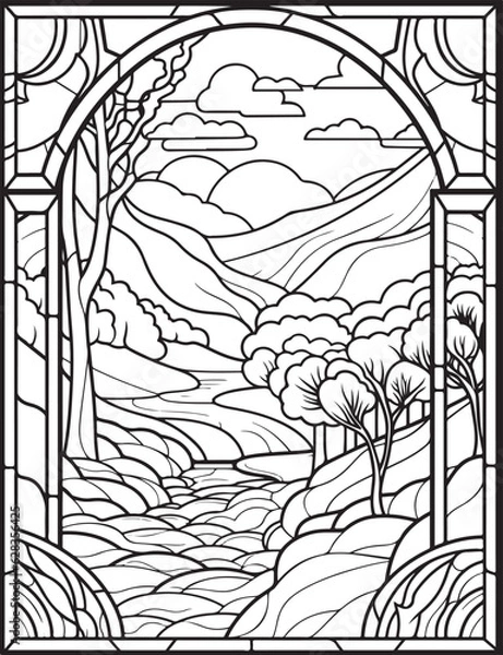 Obraz Forest landscape coloring page. Forest coloring book pages. Landscape vector black and white line art sketch drawing.  Forest coloring pages for adults. Hand drawn floral background illustration.