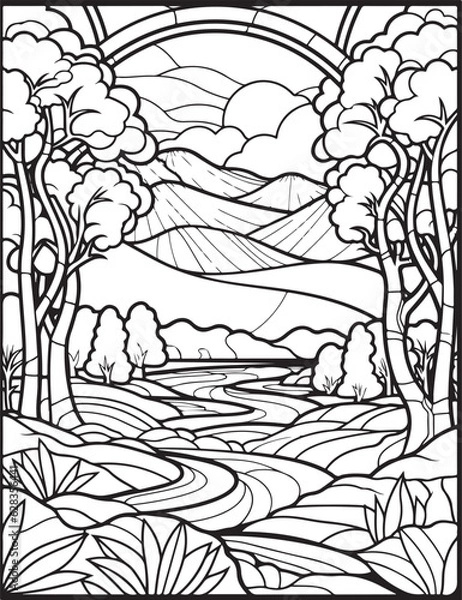 Obraz Forest landscape coloring page. Forest coloring book pages. Landscape vector black and white line art sketch drawing.  Forest coloring pages for adults. Hand drawn floral background illustration.