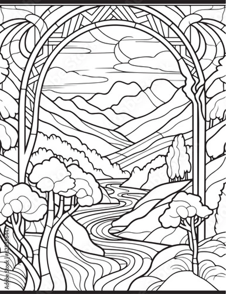 Obraz Forest landscape coloring page. Forest coloring book pages. Landscape vector black and white line art sketch drawing.  Forest coloring pages for adults. Hand drawn floral background illustration.