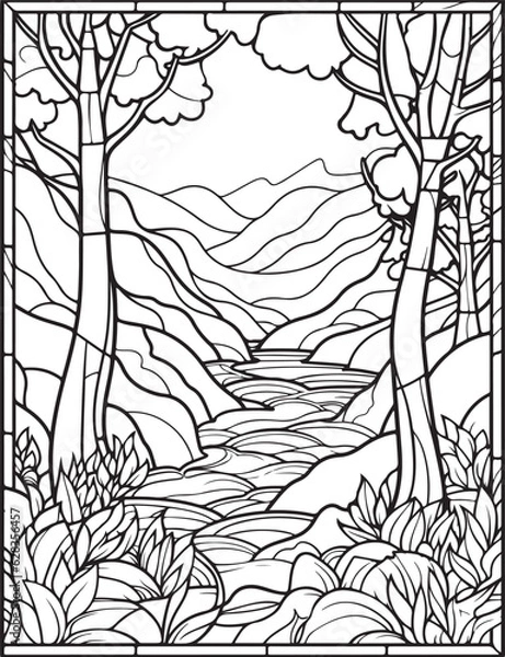 Obraz Forest landscape coloring page. Forest coloring book pages. Landscape vector black and white line art sketch drawing.  Forest coloring pages for adults. Hand drawn floral background illustration.