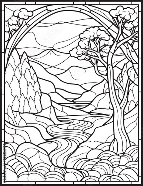 Obraz Forest landscape coloring page. Forest coloring book pages. Landscape vector black and white line art sketch drawing.  Forest coloring pages for adults. Hand drawn floral background illustration.