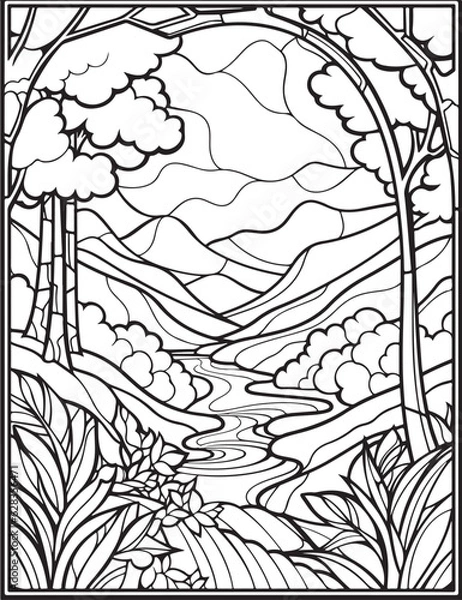 Obraz Forest landscape coloring page. Forest coloring book pages. Landscape vector black and white line art sketch drawing.  Forest coloring pages for adults. Hand drawn floral background illustration.