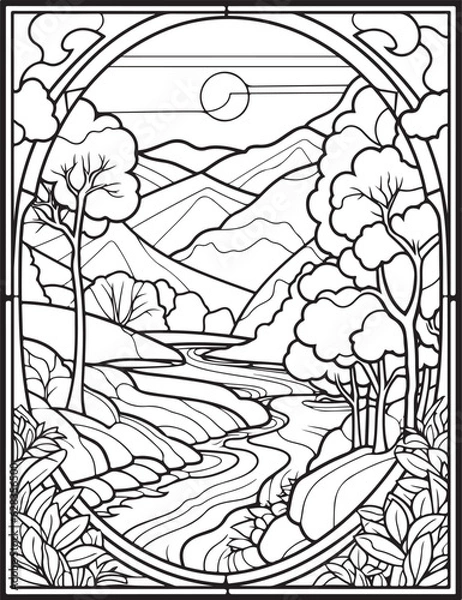 Obraz Forest landscape coloring page. Forest coloring book pages. Landscape vector black and white line art sketch drawing.  Forest coloring pages for adults. Hand drawn floral background illustration.
