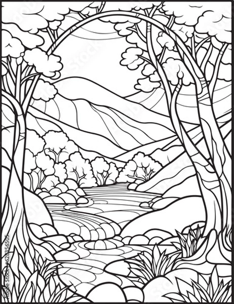 Obraz Forest landscape coloring page. Forest coloring book pages. Landscape vector black and white line art sketch drawing.  Forest coloring pages for adults. Hand drawn floral background illustration.