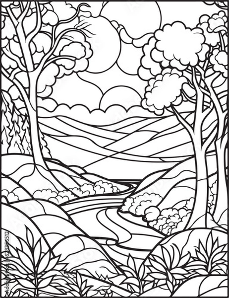 Obraz Forest landscape coloring page. Forest coloring book pages. Landscape vector black and white line art sketch drawing.  Forest coloring pages for adults. Hand drawn floral background illustration.