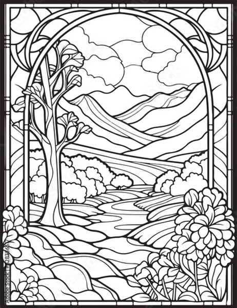 Obraz Forest landscape coloring page. Forest coloring book pages. Landscape vector black and white line art sketch drawing.  Forest coloring pages for adults. Hand drawn floral background illustration.