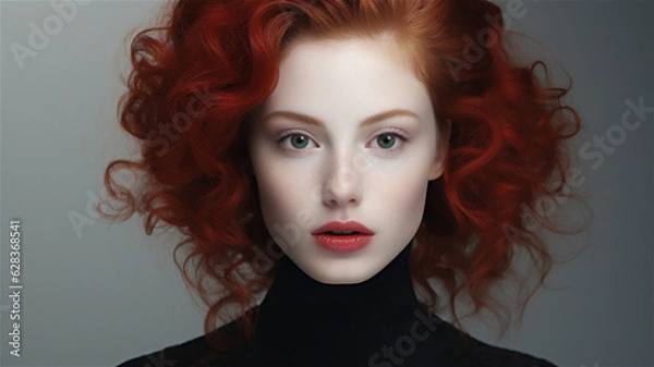 Fototapeta Portrait of a redhead model with curly red hair and pale skin. Fashion image showing perfect skin. Studio portrait. Closeup. 