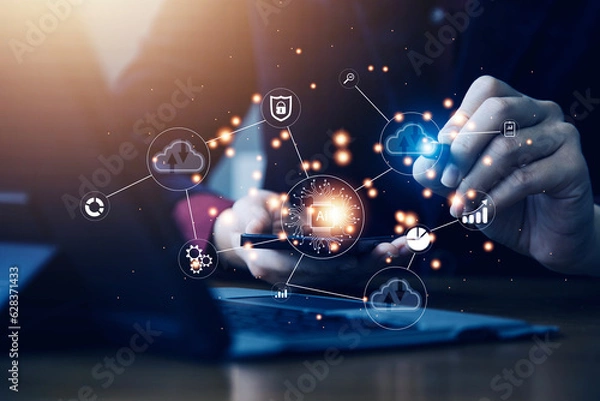 Fototapeta Digital transformation change management, internet of things. new technology bigdata and business process strategy, automate operation, customer service management, cloud computing, smart industry