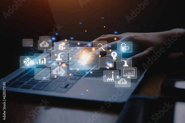 Fototapeta Big data analytics and business intelligence concept with chart and graph icons on a digital screen interface and a businessman in background
