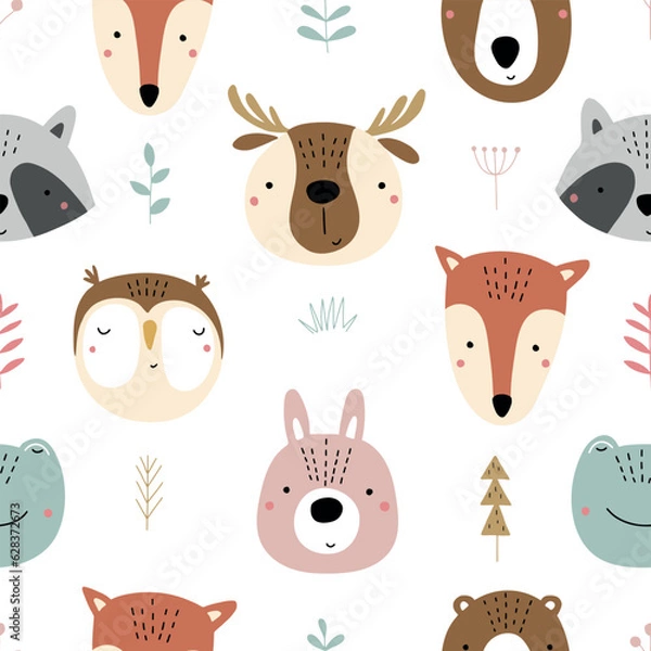 Obraz Seamless childish pattern with funny animals faces . Creative scandinavian kids texture for fabric, wrapping, textile, wallpaper, apparel. Vector illustration