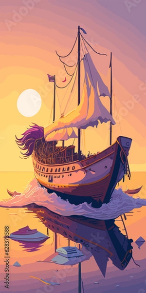 Fototapeta A boat floating on top of a body of water under a night sky
