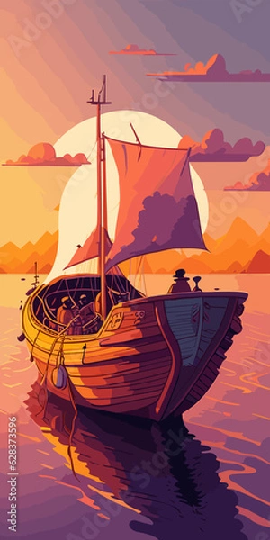 Fototapeta A boat floating on top of a body of water under a night sky