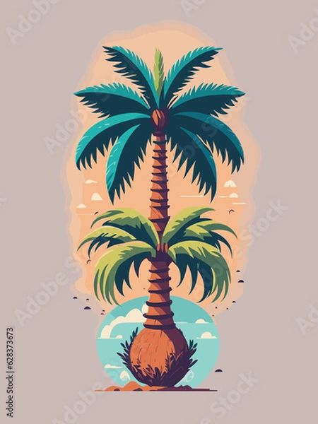Fototapeta a palm tree with birds flying around it illustration