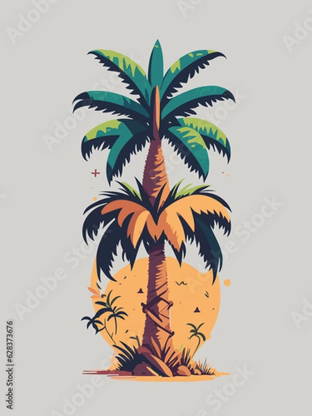 Fototapeta a palm tree with birds flying around it illustration
