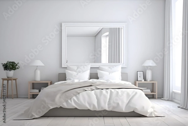 Fototapeta Contemporary bedroom with a spacious white wall and an empty frame mockup, inviting creativity and customization. Generative AI