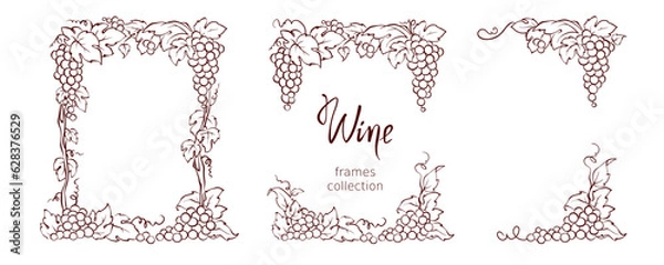 Fototapeta Set of design elements with vine. Vector graphic illustration, corners and frames for wine label design.  Sketch in lines, freehand drawing.