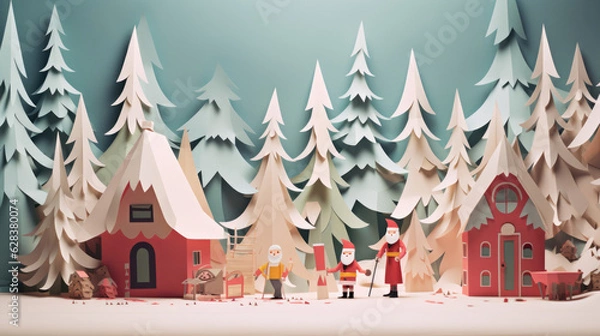 Fototapeta christmas tree and house pastel color all made by Paper Art with Xmas concept