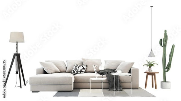Obraz Interior furniture set 3D render. Living room house floor template background mockup design , isolated on transparent background.