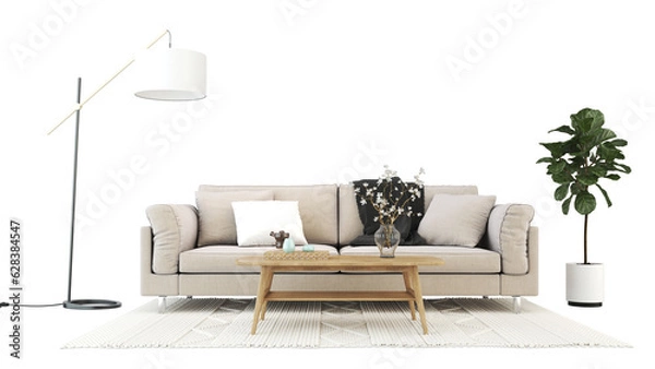 Fototapeta Interior furniture set 3D render. Living room house floor template background mockup design , isolated on transparent background.