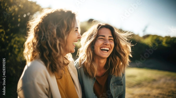 Fototapeta two blond young women laughing and having fun together in nature