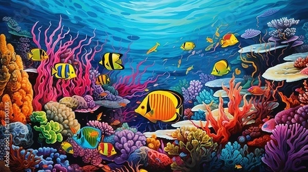 Fototapeta  a painting of a coral reef with fish and corals.  generative ai