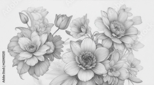 Fototapeta Beautiful decorative flowers in sketch style. Generative AI.