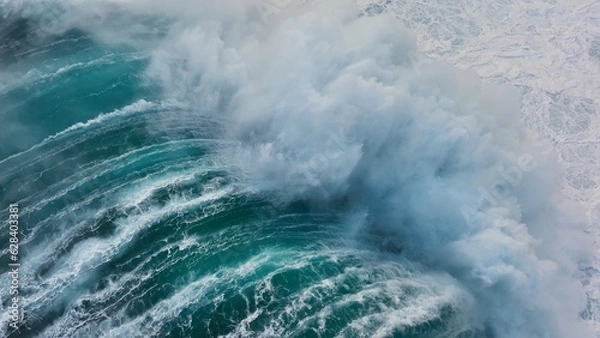 Fototapeta Slow motion aerial shot of powerful wave crashing on rocks. Sea or ocean big stormy surf clear turquoise water with foamy white texture. Aerial drone shot