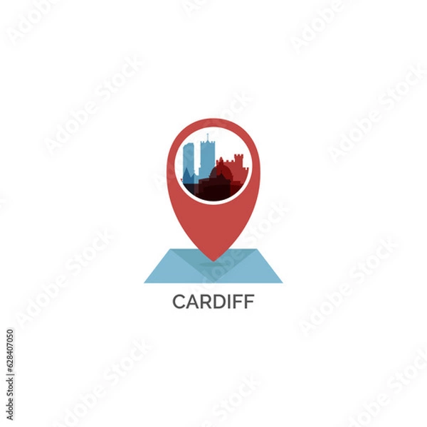 Fototapeta UK Cardiff, Wales map pin point, geolocation, skyline vector logo, icon, isolated illustration. United Kingdom web emblem with landmarks and building silhouettes