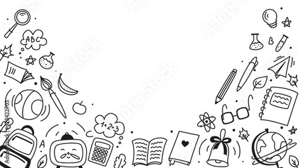 Fototapeta Background for school, school theme, school doodles, inscription in a notebook, training, lessons, time for training, Set of school tools, set of education icons, back to school