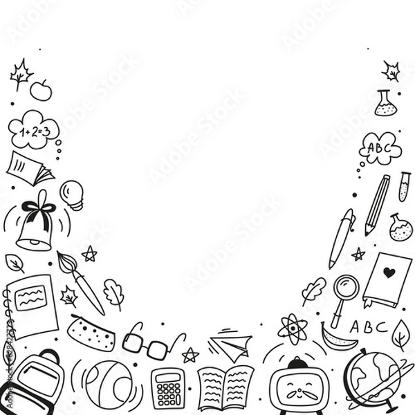 Fototapeta Background for school, school theme, school doodles, inscription in a notebook, training, lessons, time for training, Set of school tools, set of education icons, back to school