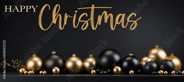 Fototapeta Merry Christmas, festive celebration holiday holidays greeting card with text - Gold and black ornaments (christmas baubles) on dark table background (Generative Ai)