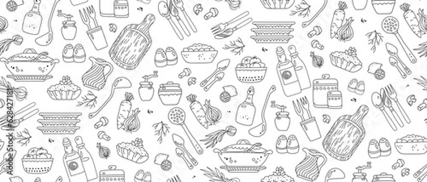 Fototapeta Vegetables and kitchenware on white background seamless pattern