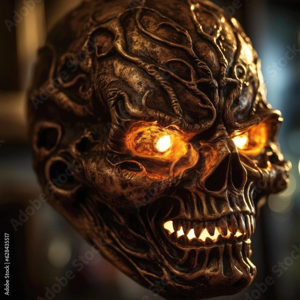 Fototapeta A captivating close-up of a spooky Halloween mask, perfectly illuminated by accent lighting, highlighting its intricate details and macabre allure.