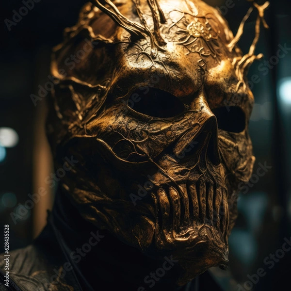 Fototapeta A captivating close-up of a spooky Halloween mask, perfectly illuminated by accent lighting, highlighting its intricate details and macabre allure.
