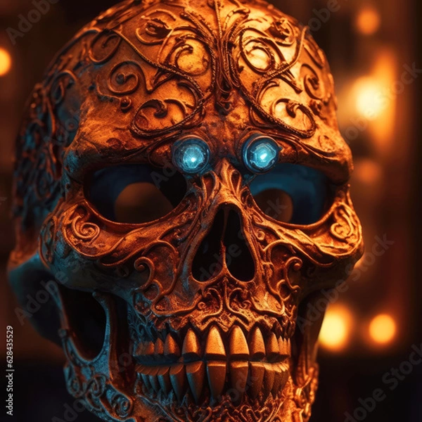 Fototapeta A captivating close-up of a spooky Halloween mask, perfectly illuminated by accent lighting, highlighting its intricate details and macabre allure.