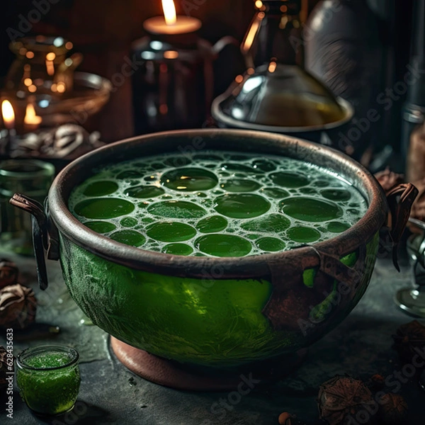 Fototapeta A close-up shot of a cauldron filled with bubbling green liquid, surrounded by potion ingredients like eyeballs, bats' wings, and spider legs.