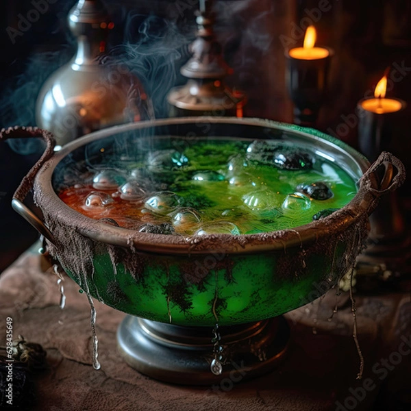 Fototapeta A close-up shot of a cauldron filled with bubbling green liquid, surrounded by potion ingredients like eyeballs, bats' wings, and spider legs.