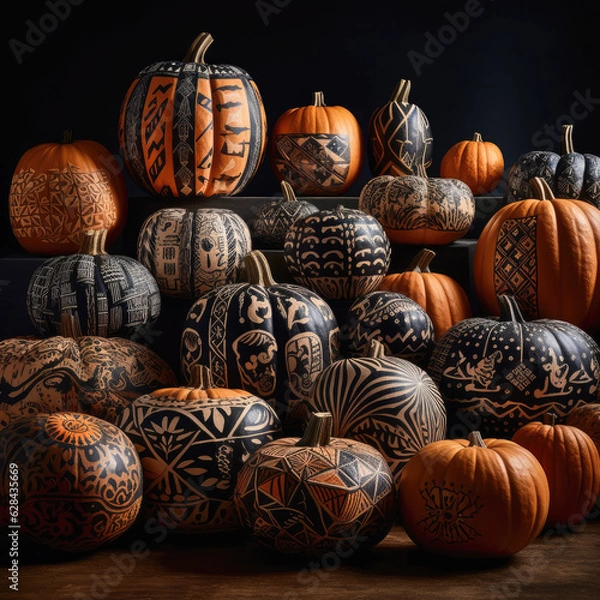 Fototapeta A collection of carved and painted Halloween-themed pumpkins in various sizes, showcasing creative designs and patterns. 